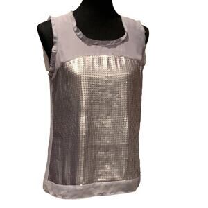 LOFT Small Silver Square Sequined Lined Rough Edge Shimmery Sleeveless Tank Top